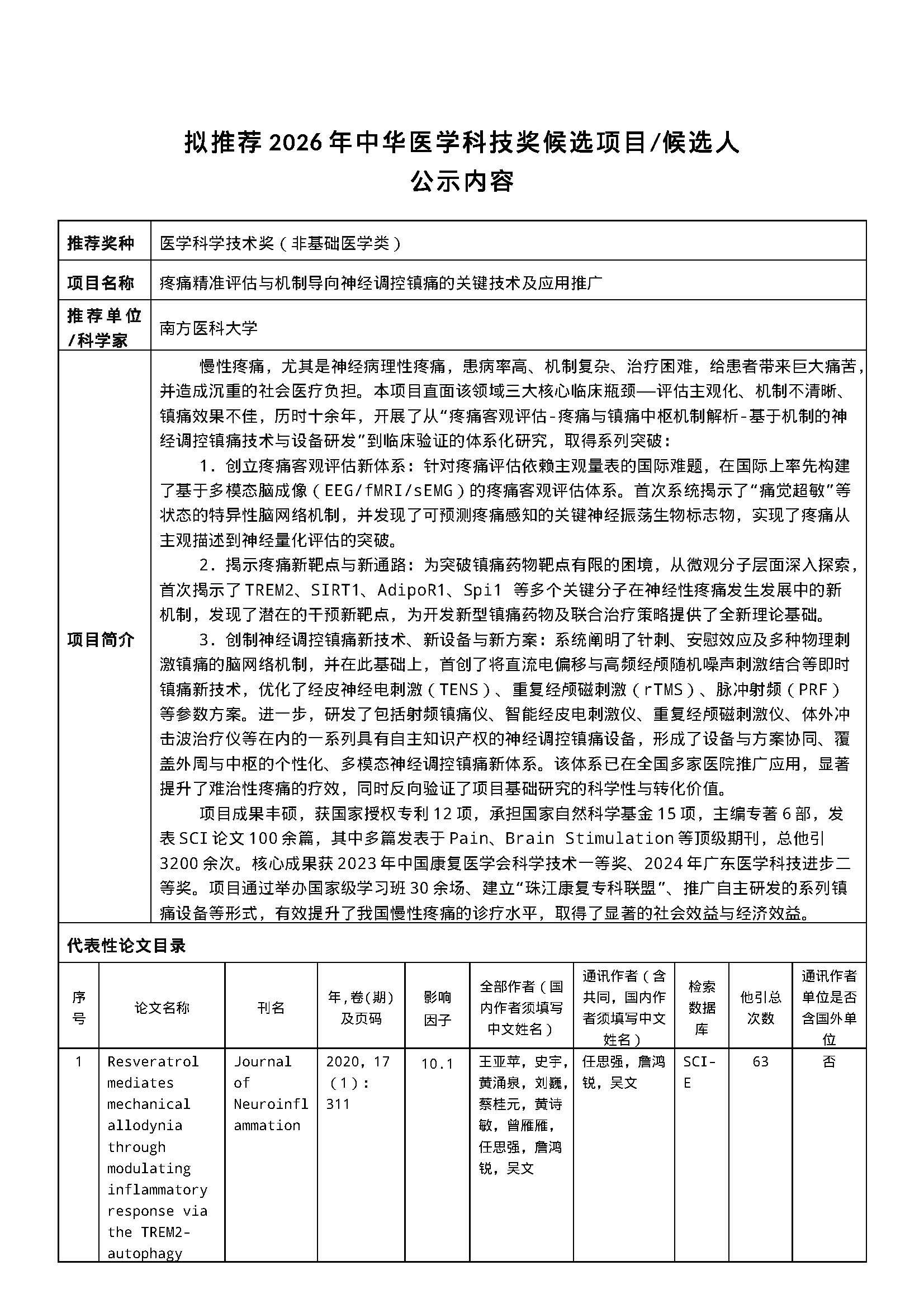 拟推荐2026年中华医学科技奖候选项目/候选人 公示内容